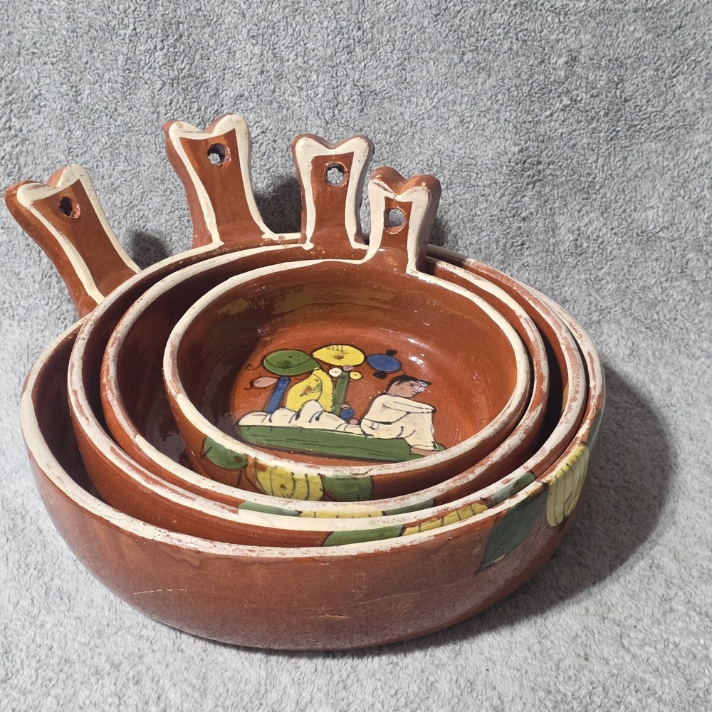 Mexican Pottery Red Clay Hand Painted Nesting Bowls Vintage Set of 4